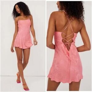 For Love & Lemons Gabrielle Floral Satin Jacquard Slip Mini Dress Peach Pink S